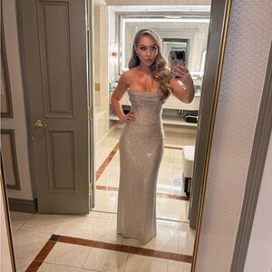 Shimmering Strapless Evening Gown in Sparkling Champagne